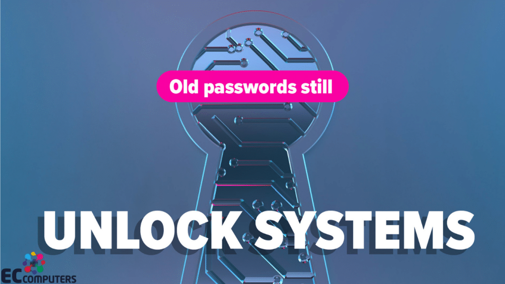 A digital keyhole graphic showing how outdated passwords can still unlock business systems, with EC Computers branding