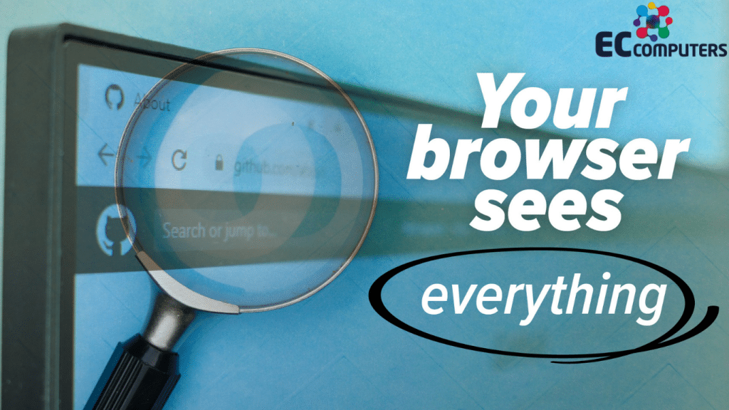 Magnifying glass highlighting a web browser address bar with text reading “Your browser sees everything”