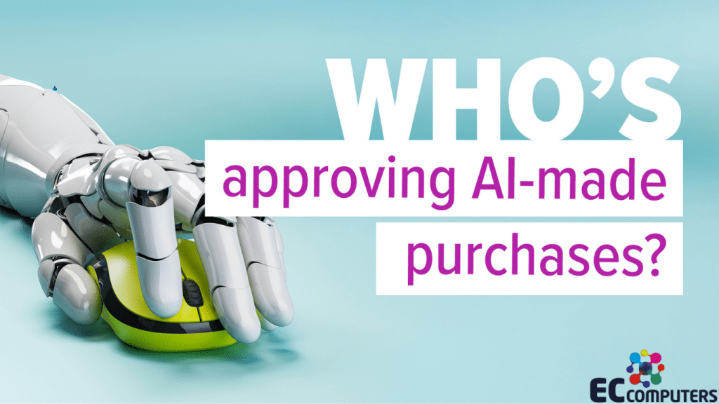 A robotic hand pressing a button, representing AI tools making purchasing decisions in a business environment.