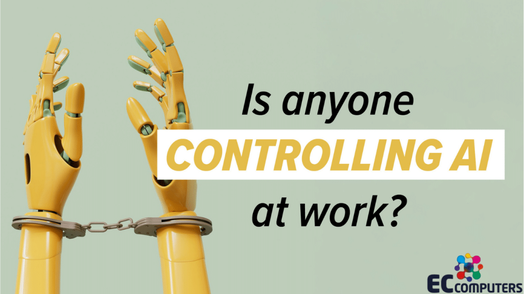 Robotic hands in handcuffs with the message “Is anyone controlling AI at work?”, representing the need for oversight of workplace AI tools.
