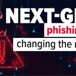 Cyber security graphic with a red warning triangle and hook icon, alongside the text “Next gen phishing is changing the rules” on a dark digital background.