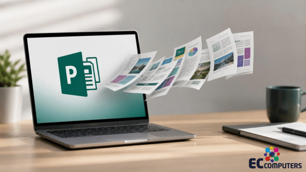 Illustration showing documents transferring from a laptop displaying Microsoft Publisher to modern productivity tools
