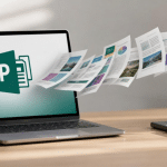 Illustration showing documents transferring from a laptop displaying Microsoft Publisher to modern productivity tools