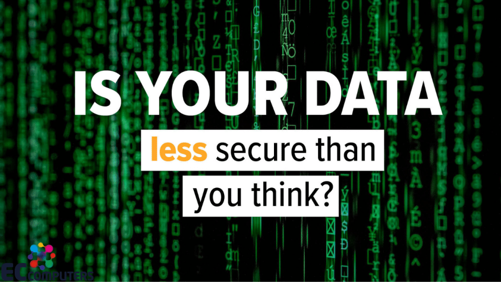 Dark background with streams of green digital characters and bold white text asking Is Your Data less secure than you think, with the word less highlighted in orange, illustrating hidden data security risks facing workshops and manufacturing businesses