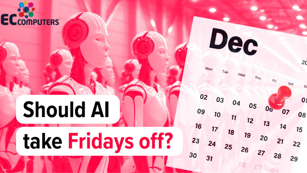 A line of identical humanoid robots next to a December wall calendar with a Friday pinned, illustrating whether hands-on businesses should ease off AI use on Fridays.