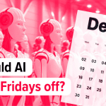 A line of identical humanoid robots next to a December wall calendar with a Friday pinned, illustrating whether hands-on businesses should ease off AI use on Fridays.
