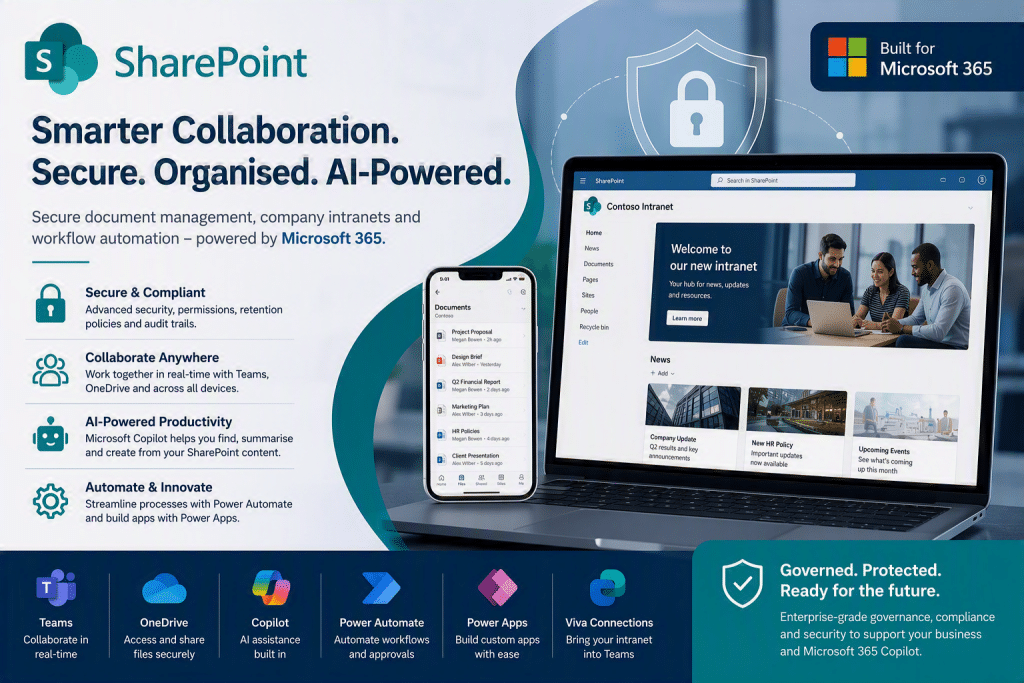 Microsoft-Sharepoint-ec-computers Secure document management, company intranets and workflow automation, powered by Microsoft 365.
