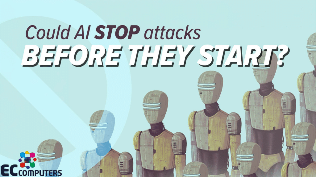 Illustration of a line of retro-style humanoid robots, one picked out in blue, under the headline "Could AI STOP attacks before they start?" with the EC Computers logo.