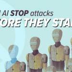 Illustration of a line of retro-style humanoid robots, one picked out in blue, under the headline "Could AI STOP attacks before they start?" with the EC Computers logo.