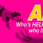 A robotic hand reaching down toward an open human hand on a hot pink background, with bold text reading "AI: Who's helping who here?" and the EC Computers logo.