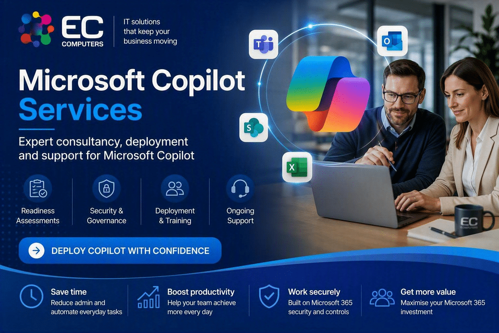 microsoft-copilot-services-deployment-consultancy-training-ec-computers EC Computers Microsoft Copilot Services banner showing Microsoft Copilot integrated with Teams, Outlook, SharePoint and Excel, highlighting consultancy, deployment, security governance, training and ongoing support for businesses.